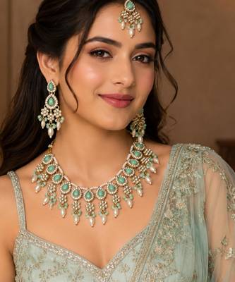 Pista color necklace set with earrings & maang tikka | kundan & agate stone | lekar gold plating 1