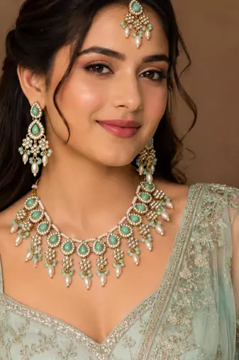 Pista color necklace set with earrings & maang tikka | kundan & agate stone | lekar gold plating
