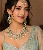Pista color necklace set with earrings & maang tikka | kundan & agate stone | lekar gold plating