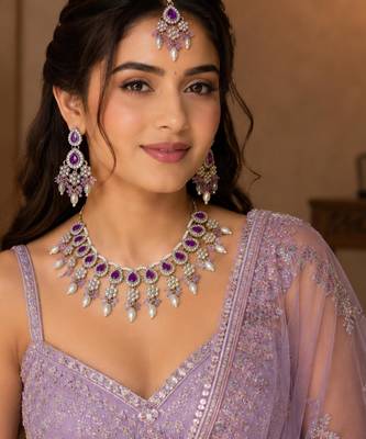 Purple color necklace set with earrings & maang tikka | kundan & agate stone | lekar gold plating 1