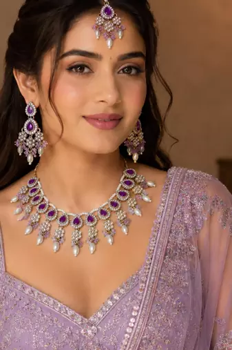 Purple color necklace set with earrings & maang tikka | kundan & agate stone | lekar gold plating