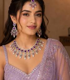 Purple color necklace set with earrings & maang tikka | kundan & agate stone | lekar gold plating