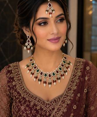 Maroon green color necklace set with earrings & maang tikka | kundan & agate stone | lekar gold plating 4