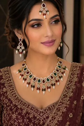 Maroon green color necklace set with earrings & maang tikka | kundan & agate stone | lekar gold plating
