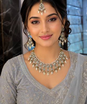 White color necklace set with earrings & maang tikka | kundan & agate stone | lekar gold plating 1
