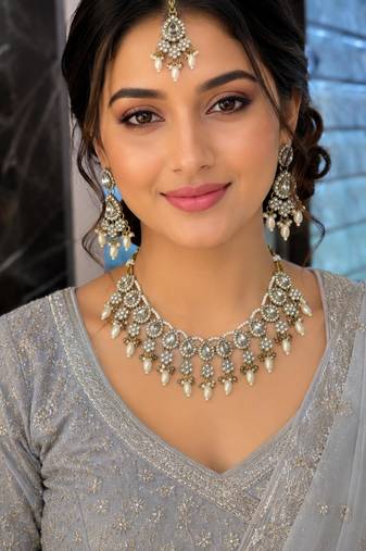 White color necklace set with earrings & maang tikka | kundan & agate stone | lekar gold plating