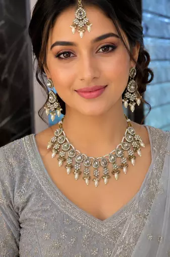 White color necklace set with earrings & maang tikka | kundan & agate stone | lekar gold plating