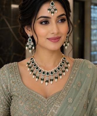 Green color necklace set with earrings & maang tikka | kundan & agate stone | lekar gold plating 1