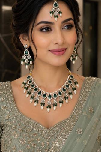 Green color necklace set with earrings & maang tikka | kundan & agate stone | lekar gold plating