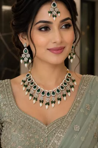 Green color necklace set with earrings & maang tikka | kundan & agate stone | lekar gold plating
