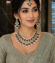 Green color necklace set with earrings & maang tikka | kundan & agate stone | lekar gold plating