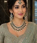 Green color necklace set with earrings & maang tikka | kundan & agate stone | lekar gold plating