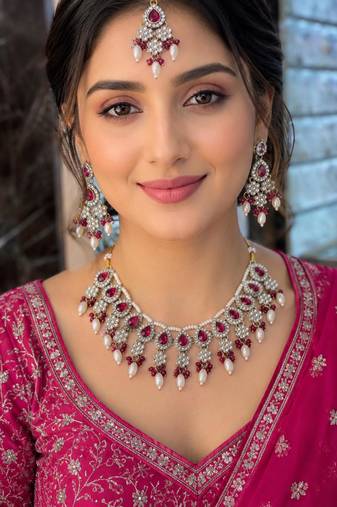 Rani color necklace set with earrings & maang tikka | kundan & agate stone | lekar gold plating
