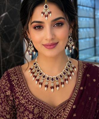 Majanta color necklace set with earrings & maang tikka | kundan & agate stone | lekar gold plating 4