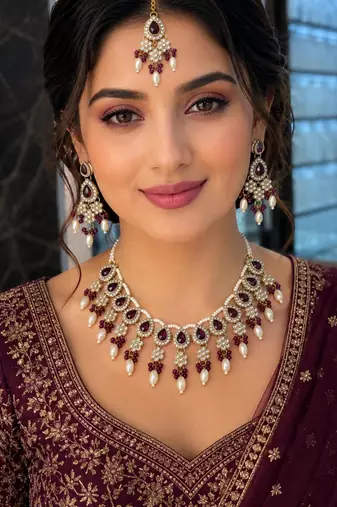 Majanta color necklace set with earrings & maang tikka | kundan & agate stone | lekar gold plating