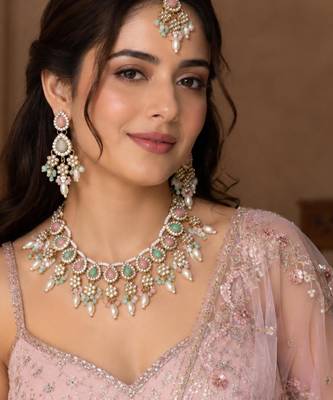Pink pista color necklace set with earrings & maang tikka | kundan & agate stone | lekar gold plating 1