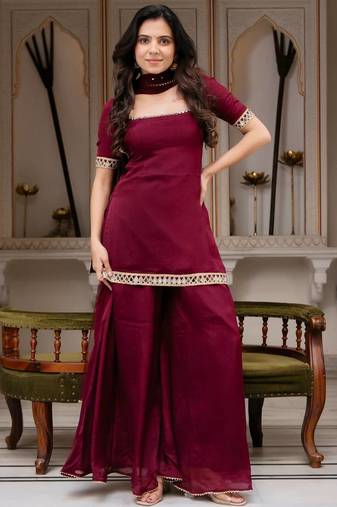 Maroon Color Front & Back Mirror Work With Drawstring Pattern Faux Georgette Kurti Set