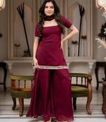 Maroon Color Front & Back Mirror Work With Drawstring Pattern Faux Georgette Kurti Set
