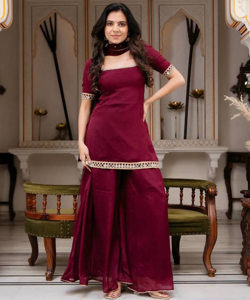 Maroon Color Front & Back Mirror Work With Drawstring Pattern Faux Georgette Kurti Set