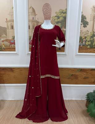 Maroon Color Front & Back Mirror Work With Drawstring Pattern Faux Georgette Kurti Set 2