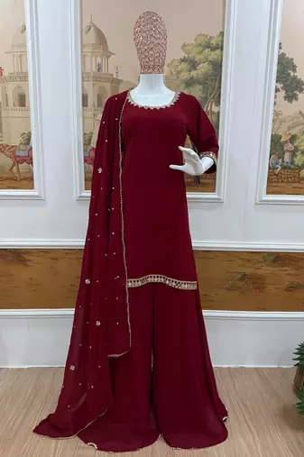 Maroon Color Front & Back Mirror Work With Drawstring Pattern Faux Georgette Kurti Set