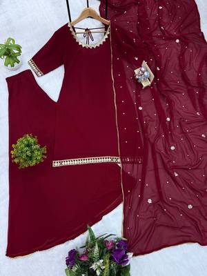 Maroon Color Front & Back Mirror Work With Drawstring Pattern Faux Georgette Kurti Set 3