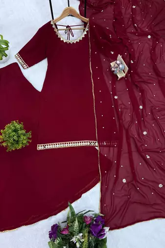 Maroon Color Front & Back Mirror Work With Drawstring Pattern Faux Georgette Kurti Set
