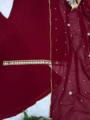 Maroon Color Front & Back Mirror Work With Drawstring Pattern Faux Georgette Kurti Set 4