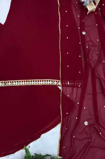 Maroon Color Front & Back Mirror Work With Drawstring Pattern Faux Georgette Kurti Set