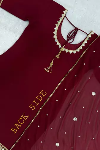 Maroon Color Front & Back Mirror Work With Drawstring Pattern Faux Georgette Kurti Set