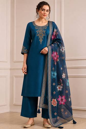 Morpeach silk blend  embroidery work kurta pant set with printed dupatta