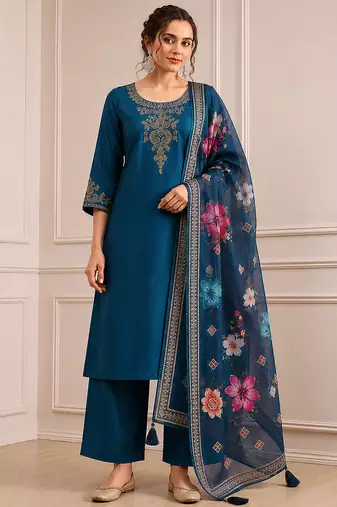 Morpeach silk blend  embroidery work kurta pant set with printed dupatta