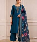 Morpeach silk blend  embroidery work kurta pant set with printed dupatta