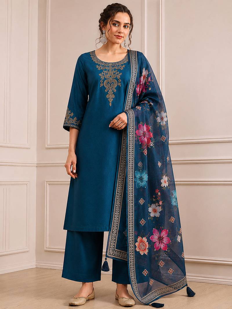 Morpeach silk blend  embroidery work kurta pant set with printed dupatta