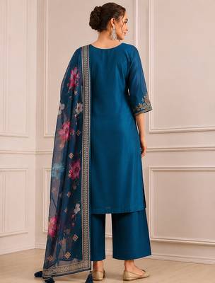 Morpeach silk blend  embroidery work kurta pant set with printed dupatta 2