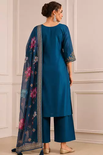 Morpeach silk blend  embroidery work kurta pant set with printed dupatta