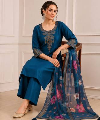 Morpeach silk blend  embroidery work kurta pant set with printed dupatta 3