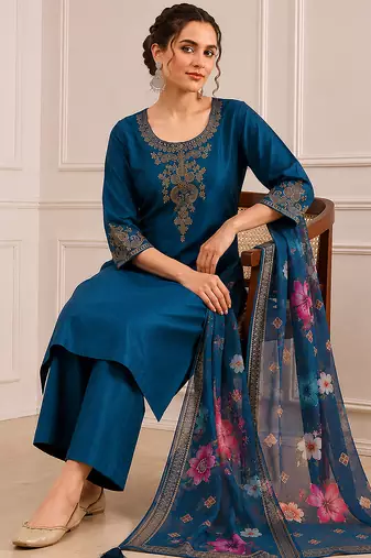 Morpeach silk blend  embroidery work kurta pant set with printed dupatta