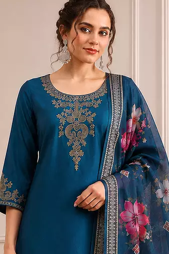 Morpeach silk blend  embroidery work kurta pant set with printed dupatta