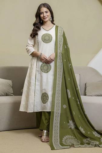 White cotton embroidery work kurta pant set with printed dupatta