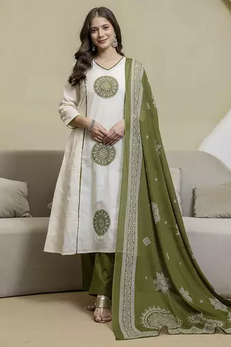 White cotton embroidery work kurta pant set with printed dupatta