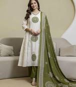 White cotton embroidery work kurta pant set with printed dupatta