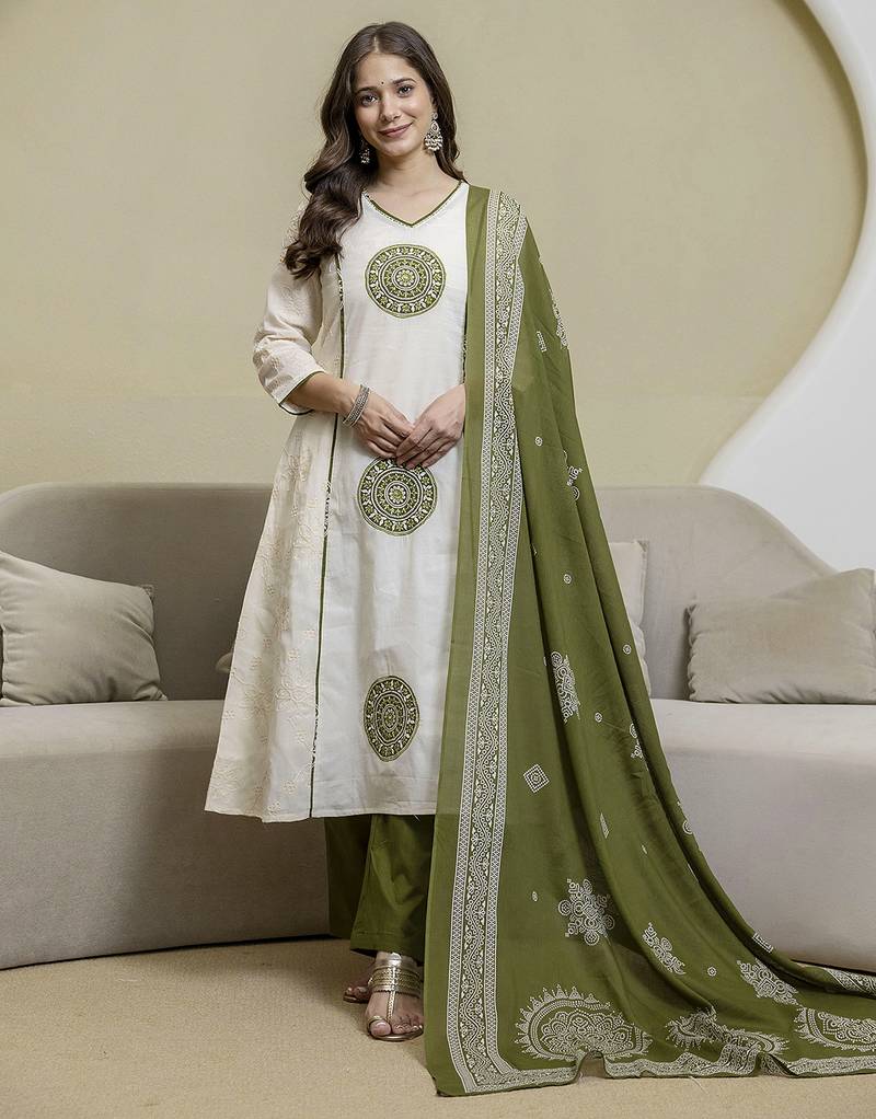 White cotton embroidery work kurta pant set with printed dupatta