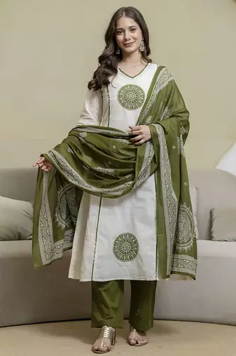 White cotton embroidery work kurta pant set with printed dupatta