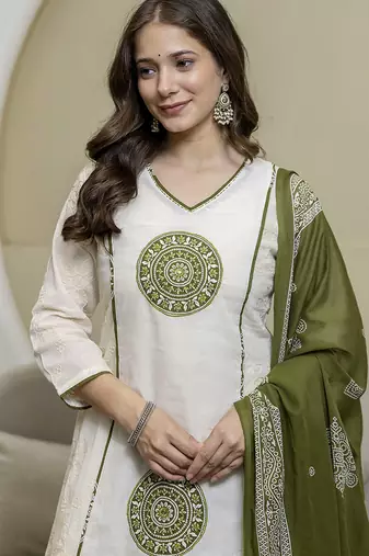 White cotton embroidery work kurta pant set with printed dupatta