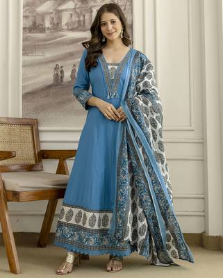 Blue cotton embroidery with sequnce work anarkali kurta pant set with printed dupatta 1