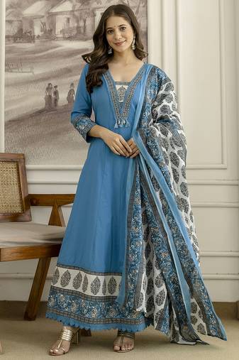 Blue cotton embroidery with sequnce work anarkali kurta pant set with printed dupatta