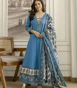 Blue cotton embroidery with sequnce work anarkali kurta pant set with printed dupatta
