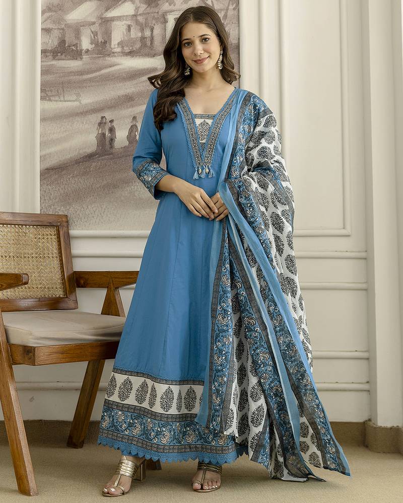 Blue cotton embroidery with sequnce work anarkali kurta pant set with printed dupatta