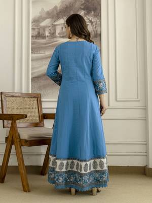 Blue cotton embroidery with sequnce work anarkali kurta pant set with printed dupatta 2